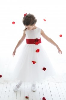 White/Red Classy Satin with Tulle Skirt Flower Girl Dress